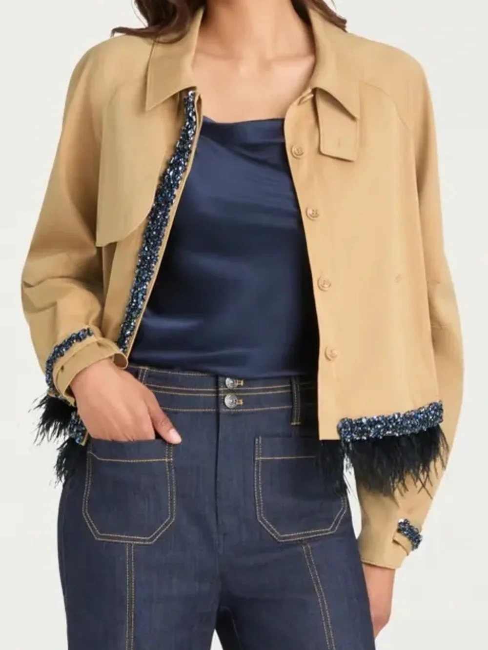 Cinq a Sept Carmila Embellished Feather-Trim Swing Jacket $ 695 New without tag - Picture 4 of 5